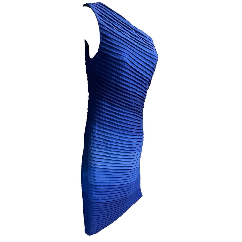 Tadashi Shoji One Shoulder Dress M Blue Pleated Sheath Cocktail Wedding Guest - Picture 5 of 10